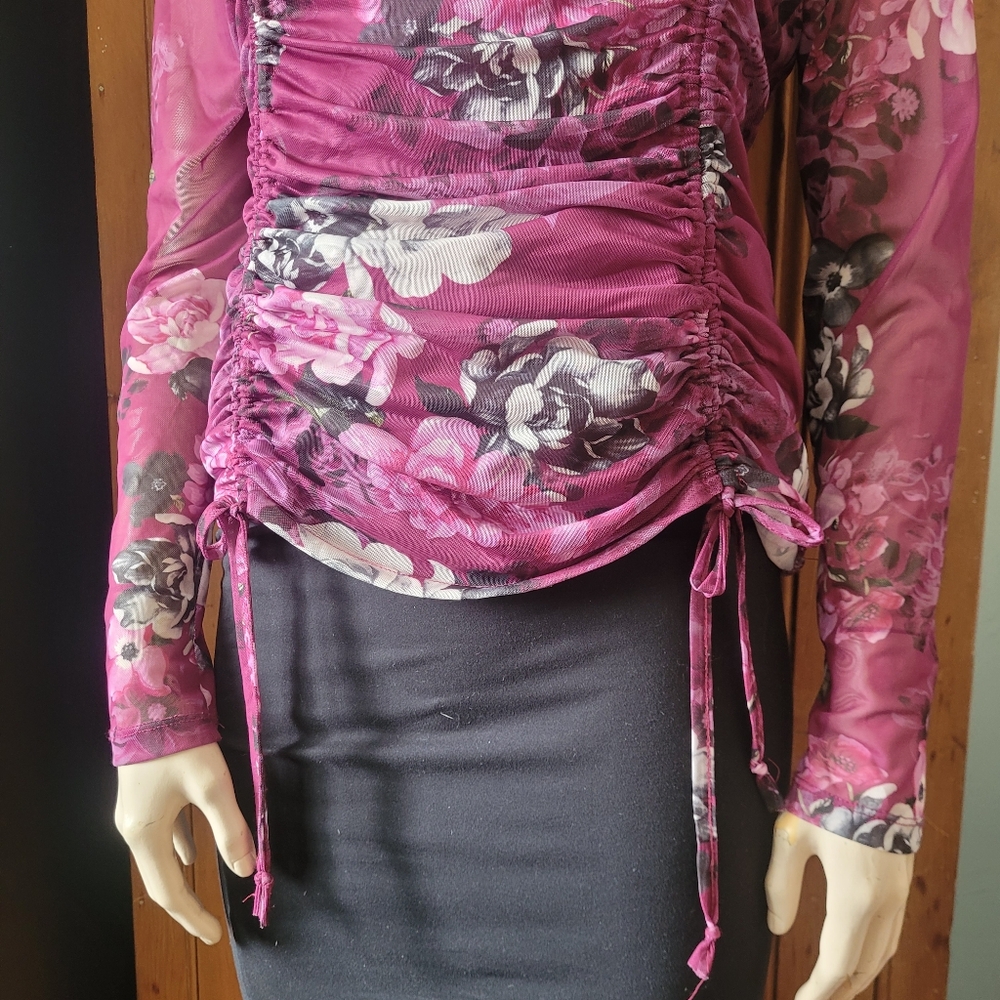 Vintage Y2K Ruched Sheer Mesh Floral Top Fairycore Romantic Club Wear M - Picture 6 of 16